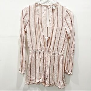 Ivy + Main Tie Front Long Sleeve Ruffle Trim Stripe Pink Romper Keyhole Back M